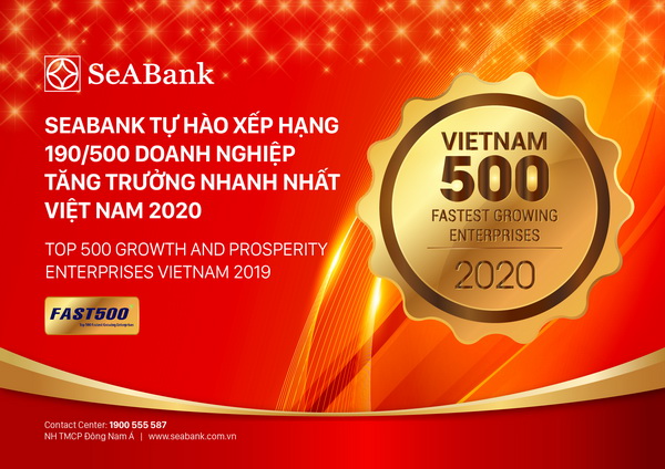 Ngân hàng TMCP Đông Nam Á (SeABank) tăng hạng vượt bậc, đứng 190/500 trong Bảng xếp hạng FAST500